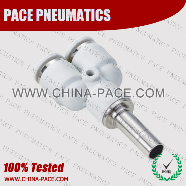 Grey White Plug-In Y Push To Connect Fittings, Composite Pneumatic Fittings, Polymer Air Fittings, Plastic one touch tube fittings, Pneumatic Fitting, Nickel Plated Brass Push in Fittings, pneumatic accessories.